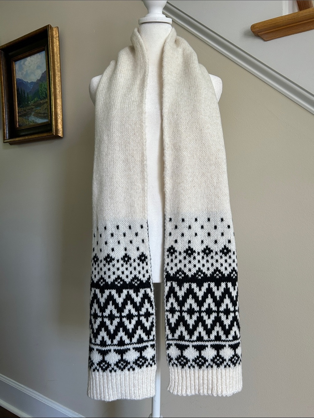Old Navy Cream & Black Fair Isle Knit Scarf.  Acrylic. 80” Lx 10” W.  Like new.